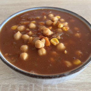 Healthy low calorie chickpea vegan soup with mexican flavour
